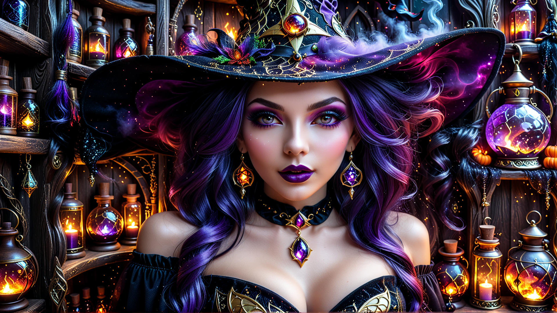 AI generated wallpaper featuring witch, hat, lamps, bottles, hair, jewelry, candles, shelves, robe, choker