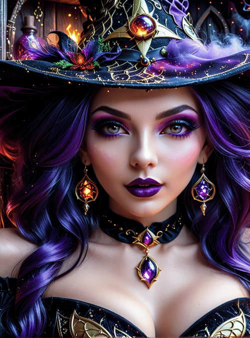 witch, hat, lamps, bottles, hair, jewelry, candles, shelves, robe, choker