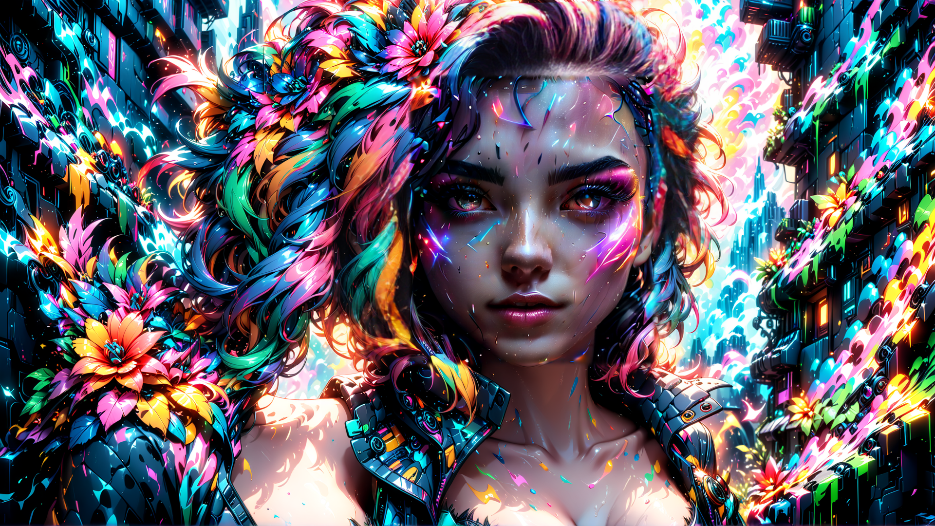 AI generated wallpaper featuring woman, flowers, cyberpunk