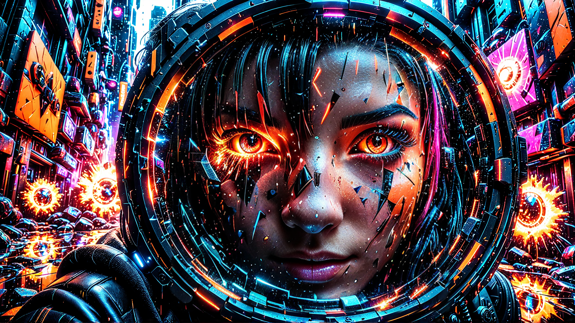 AI generated wallpaper featuring cyborg, woman, neon, city, helmet, goggles, future, urban, robot, glow