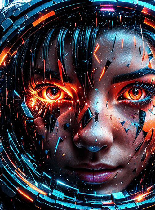 cyborg, woman, neon, city, helmet, goggles, future, urban, robot, glow