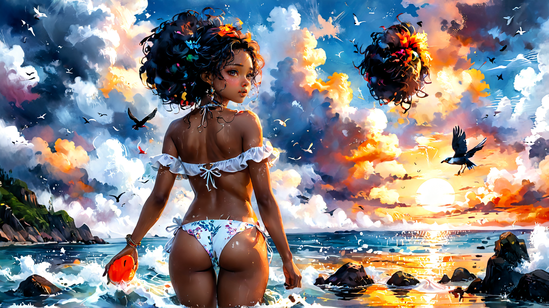 AI generated wallpaper featuring woman, beach, sunset