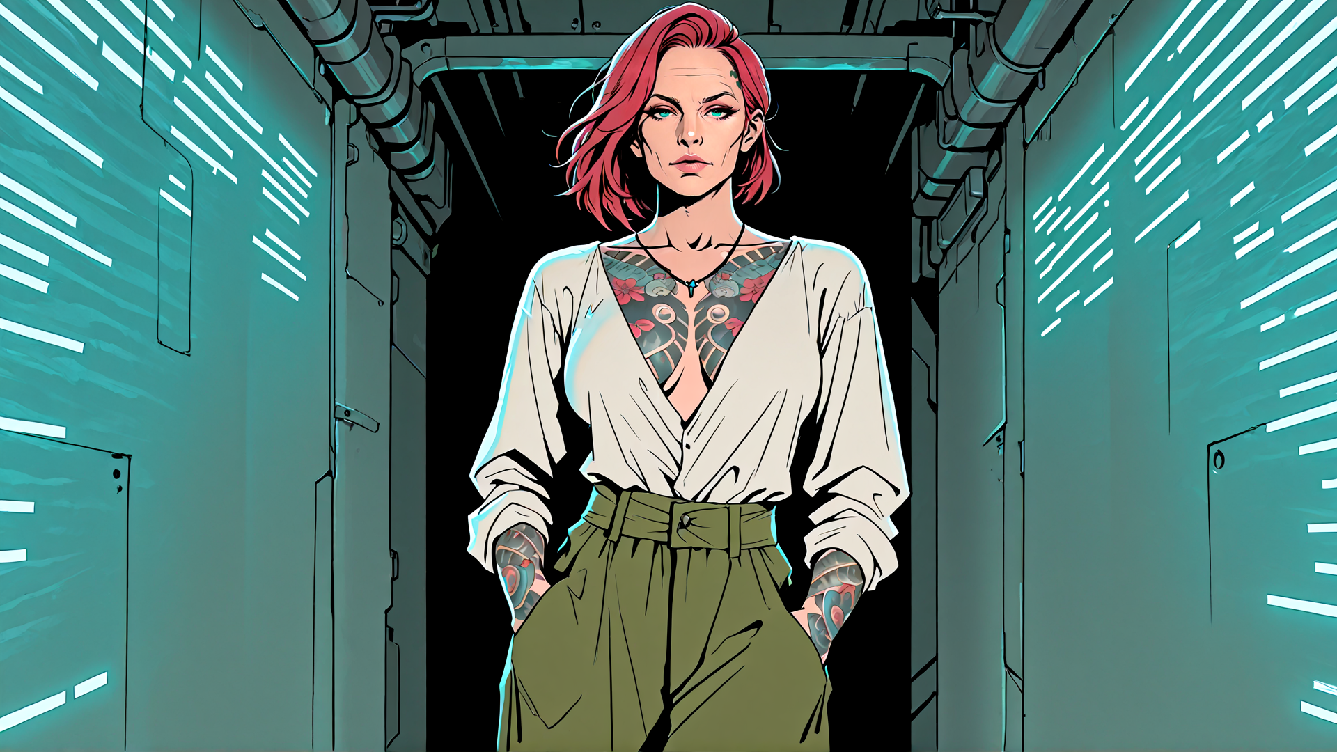 AI generated wallpaper featuring woman, tattoo, corridor, fashion, cyberpunk