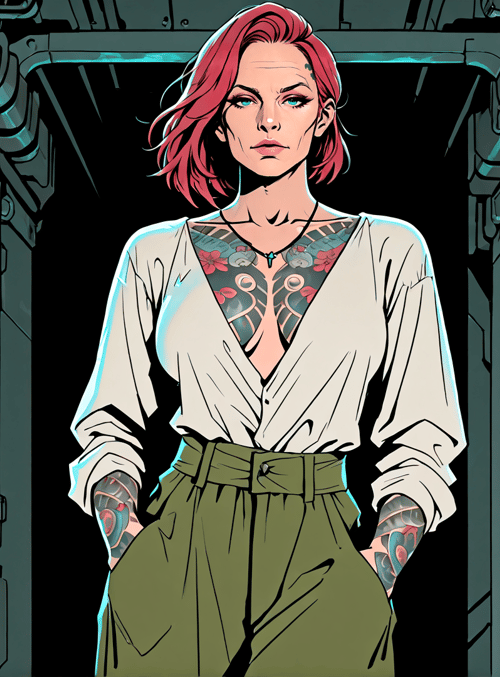 woman, tattoo, corridor, fashion, cyberpunk