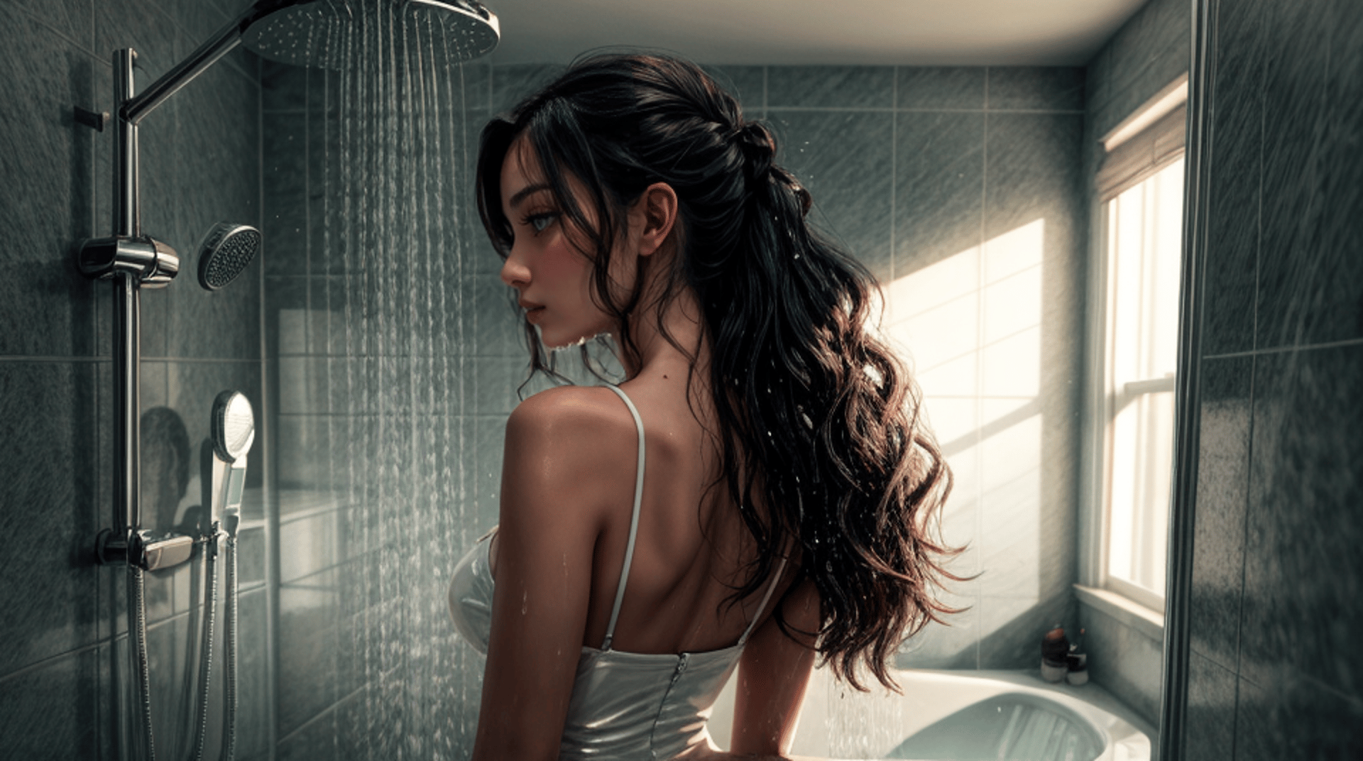 AI generated wallpaper featuring woman, bath, shower