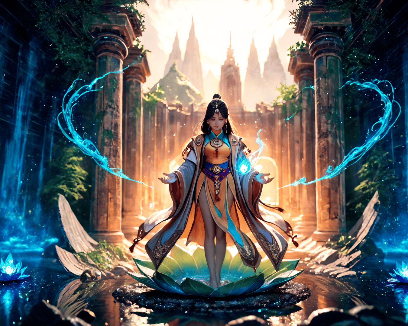 AI generated wallpaper featuring woman, lotus, ancient