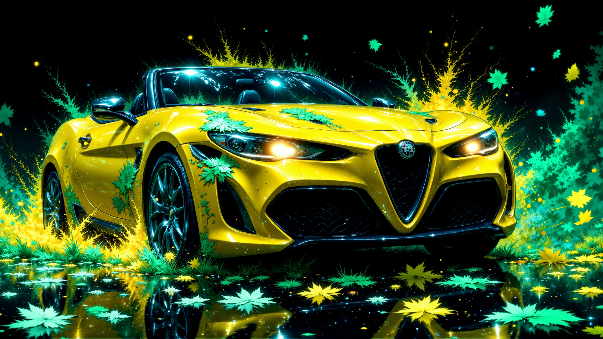 AI generated wallpaper featuring car, leaves, water, reflections, light