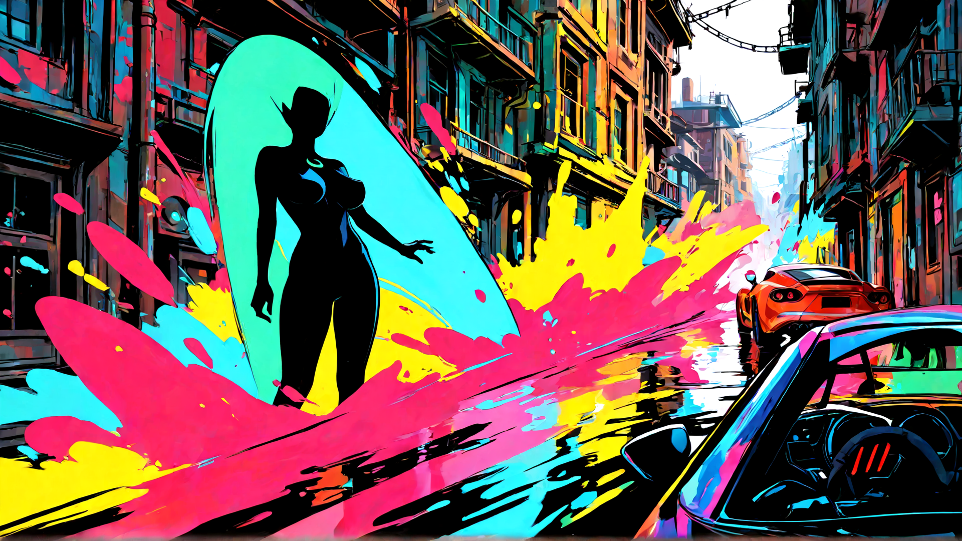 AI generated wallpaper featuring silhouette, woman, city, cars, splatter