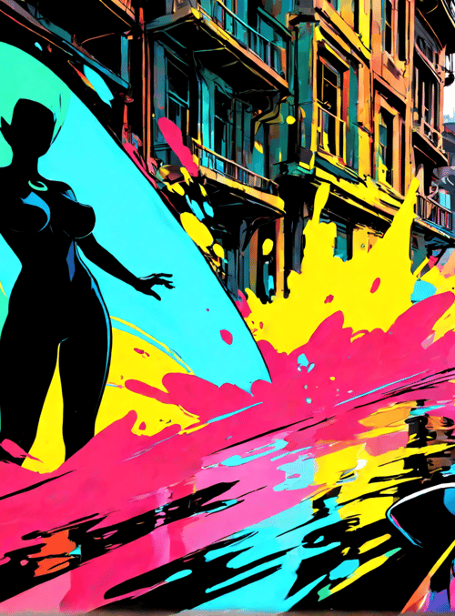 silhouette, woman, city, cars, splatter