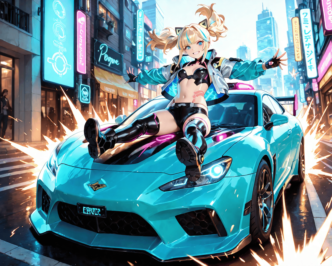AI generated wallpaper featuring anime girl, sports car