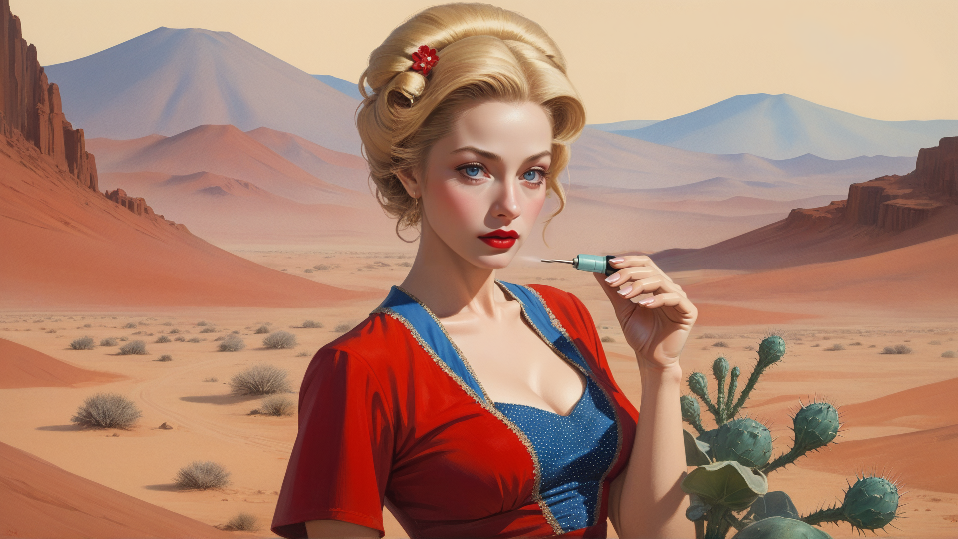 AI generated wallpaper featuring woman, desert, cactus