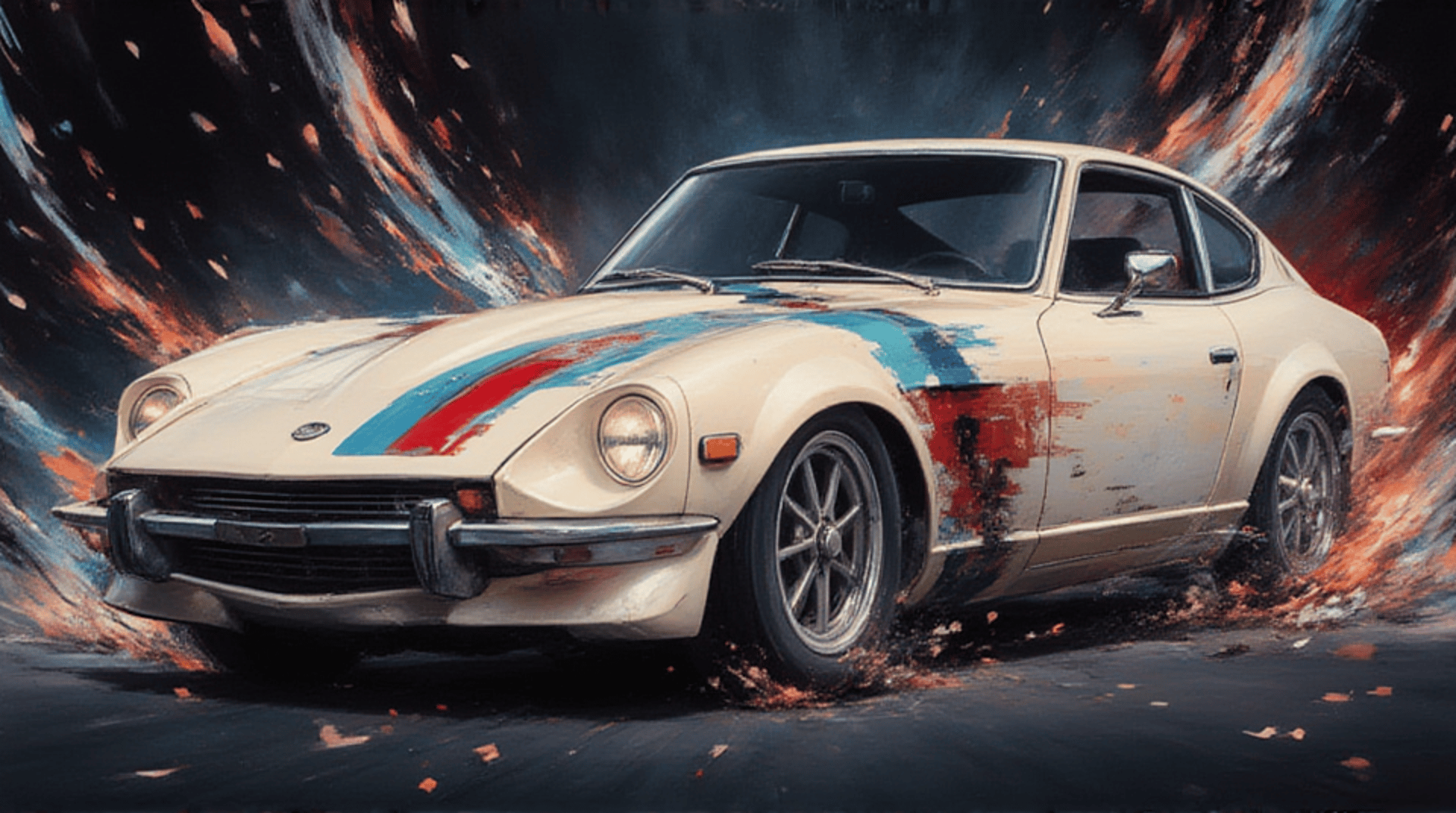 AI generated wallpaper featuring car, sports car, classic car, datsun, racing car