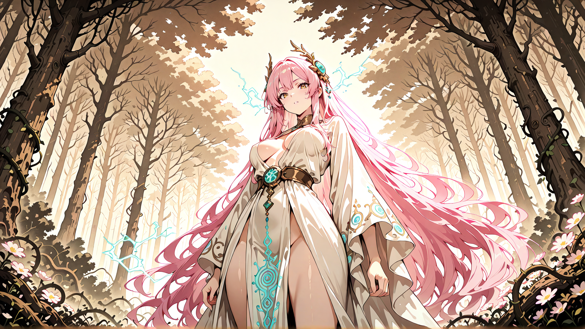 AI generated wallpaper featuring goddess, elf, forest, tree, flower, dress, hair, magic, lightning, scepter