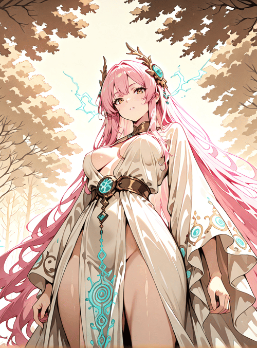 goddess, elf, forest, tree, flower, dress, hair, magic, lightning, scepter