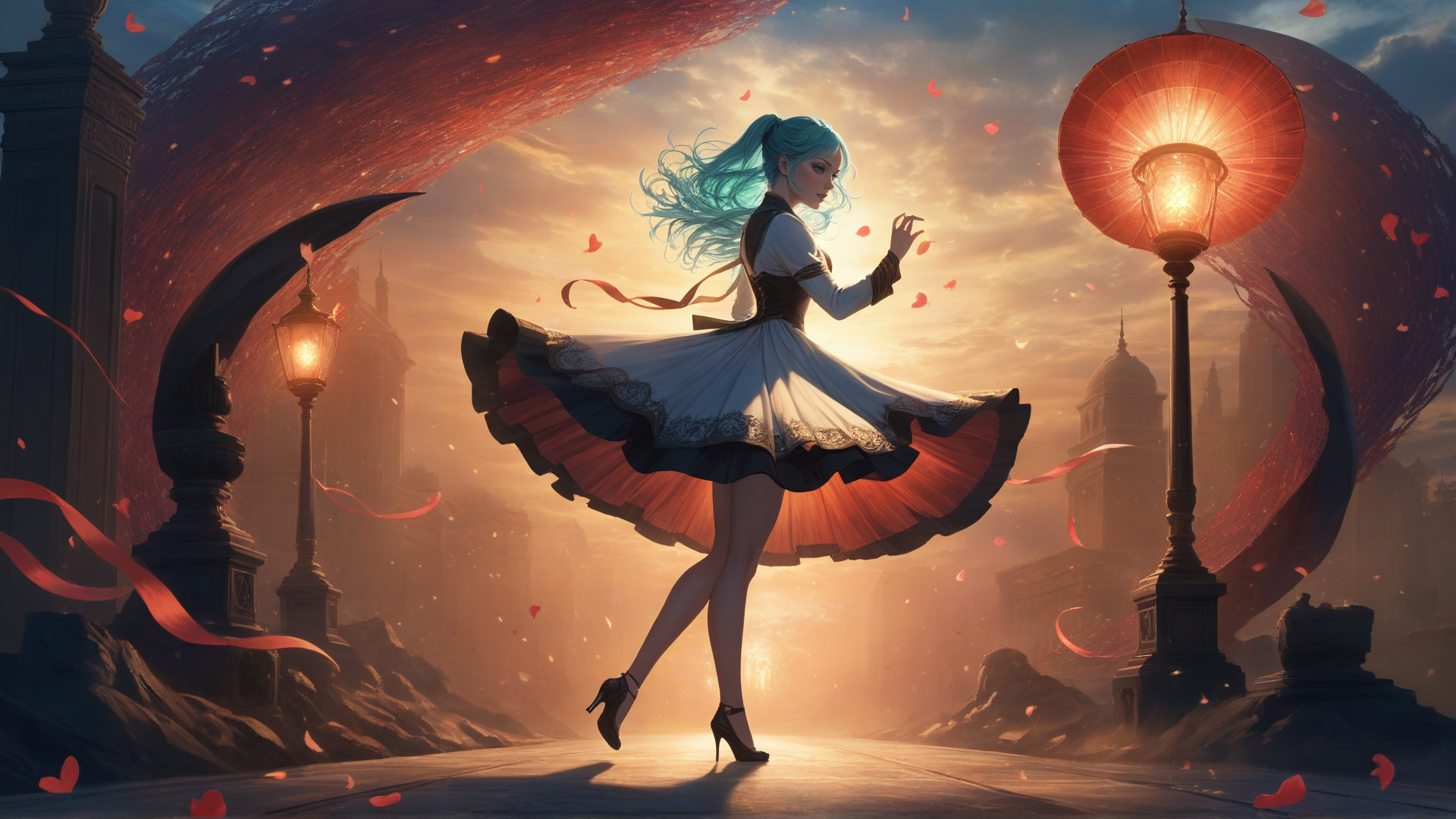 AI generated wallpaper featuring girl, lantern, city