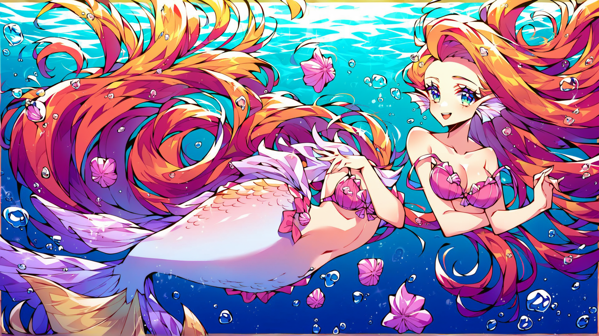 AI generated wallpaper featuring mermaid, fish, butterfly, bubble, water