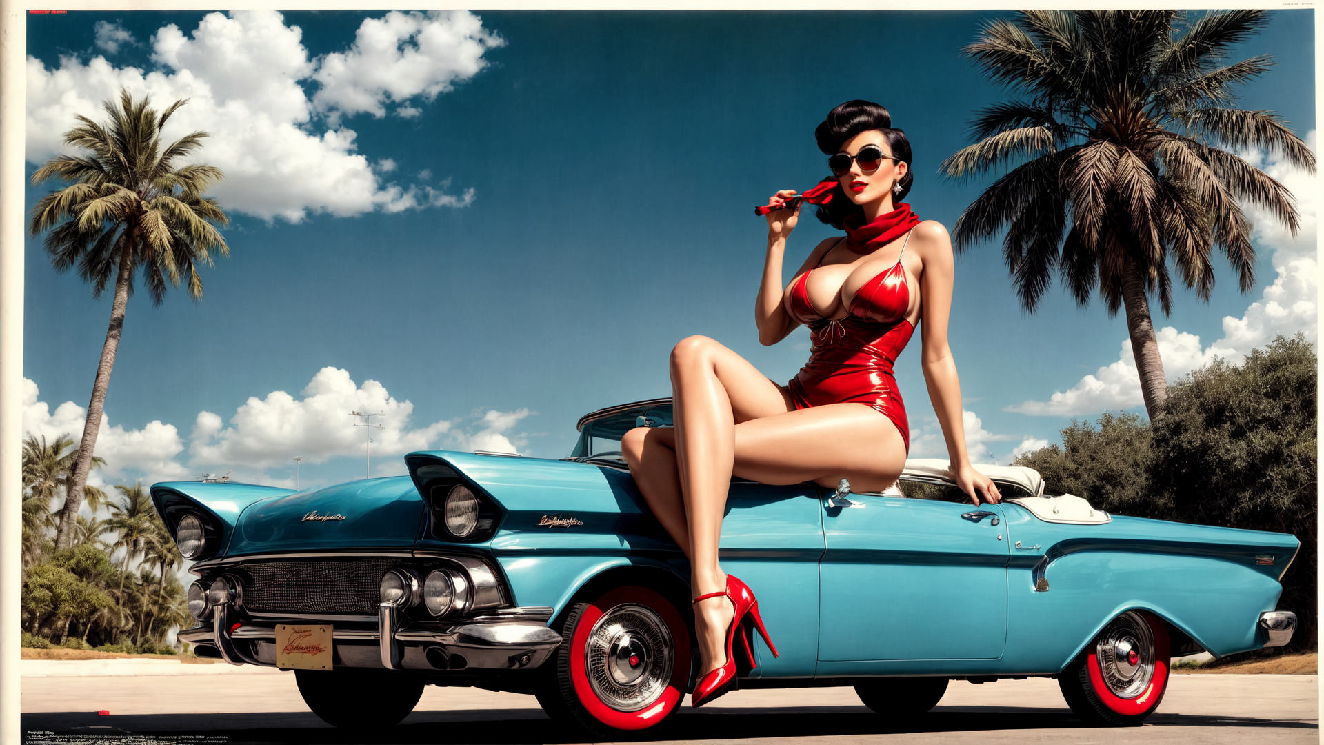AI generated wallpaper featuring woman, car, palm tree, sunglasses, high heels, scarf, convertible