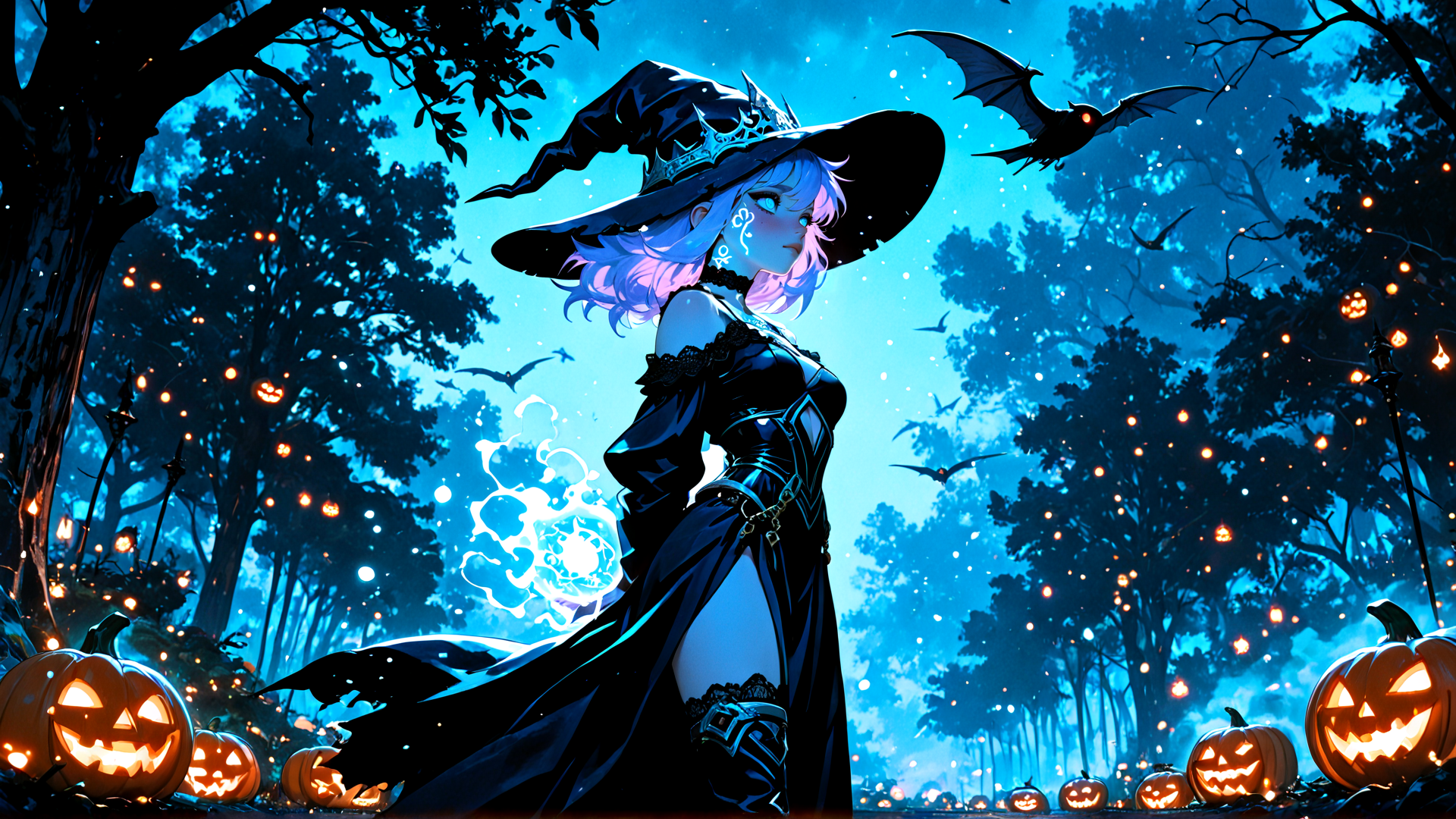 AI generated wallpaper featuring witch, pumpkin, bat, forest, magic, luminous, crown, dress, trees, lantern