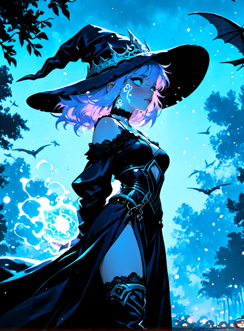 witch, pumpkin, bat, forest, magic, luminous, crown, dress, trees, lantern