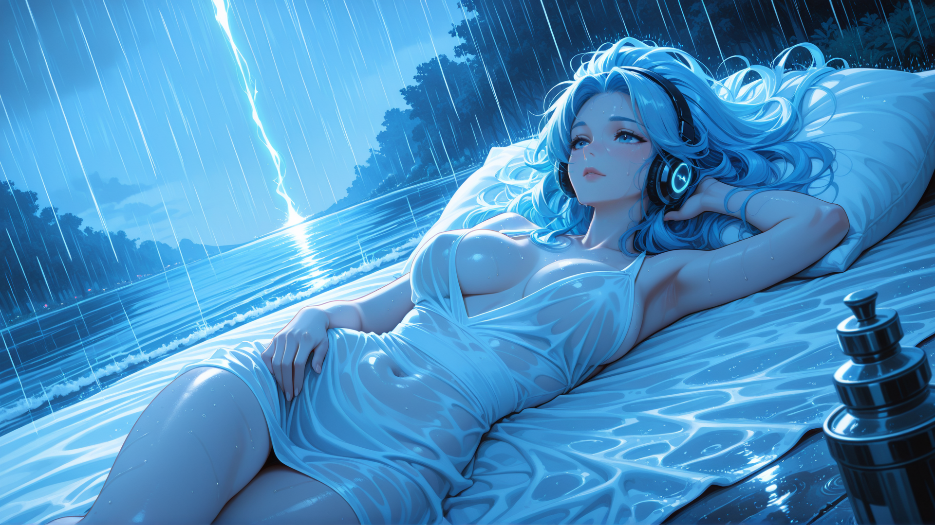 AI generated wallpaper featuring woman, headphones, rain, water, pillow, dress, lake, lightning, trees, umbrella