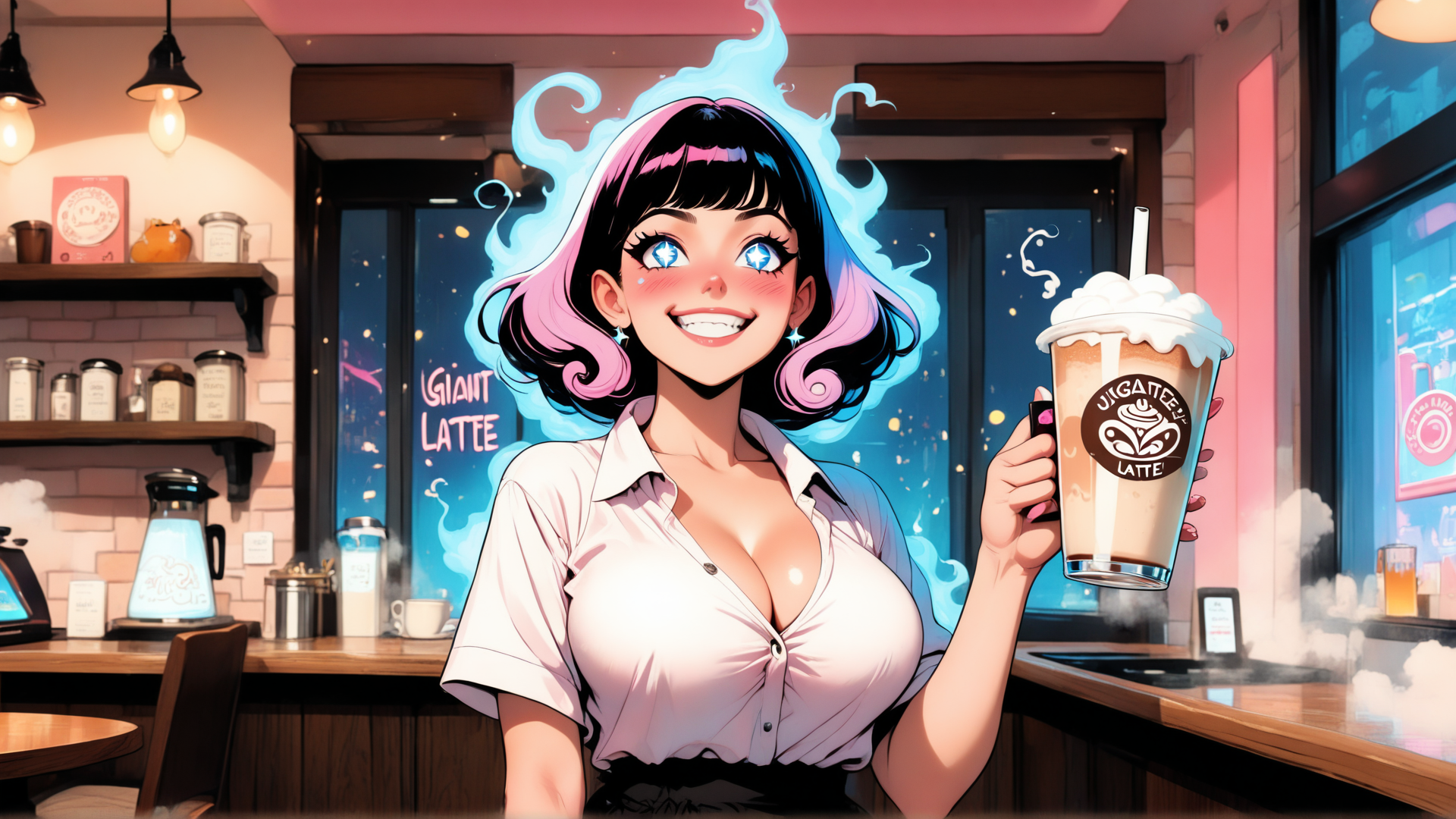 AI generated wallpaper featuring woman, barista, cup, latte, coffee, cafe, coffee shop, drinks, smoke, shop