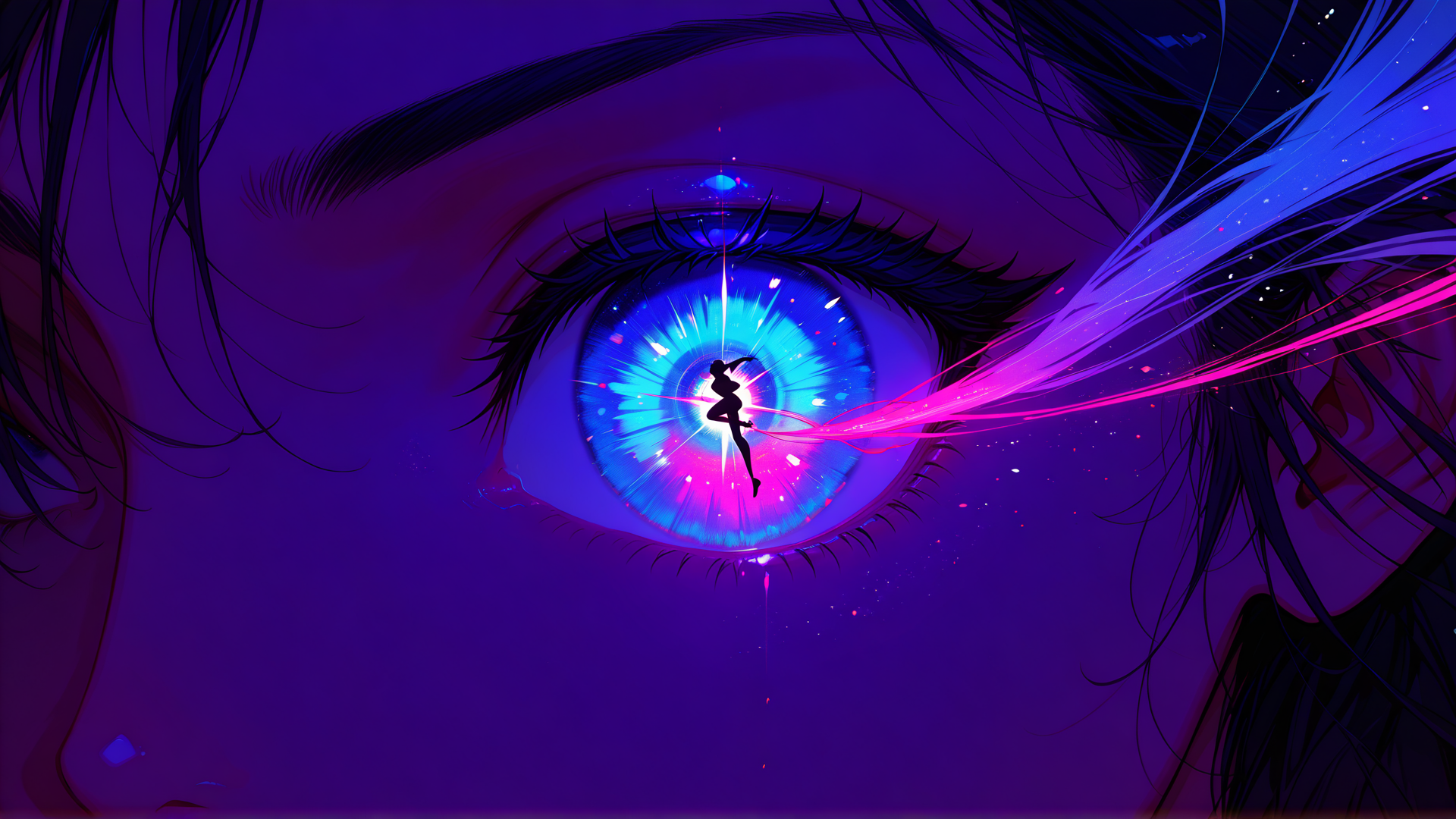 AI generated wallpaper featuring eye, silhouette, hair