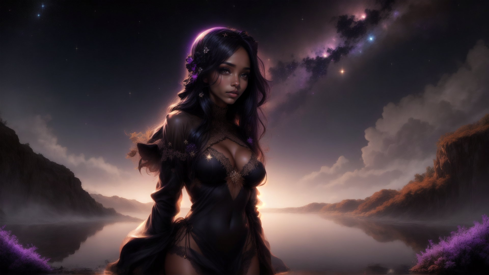 AI generated wallpaper featuring woman, nature, galaxy