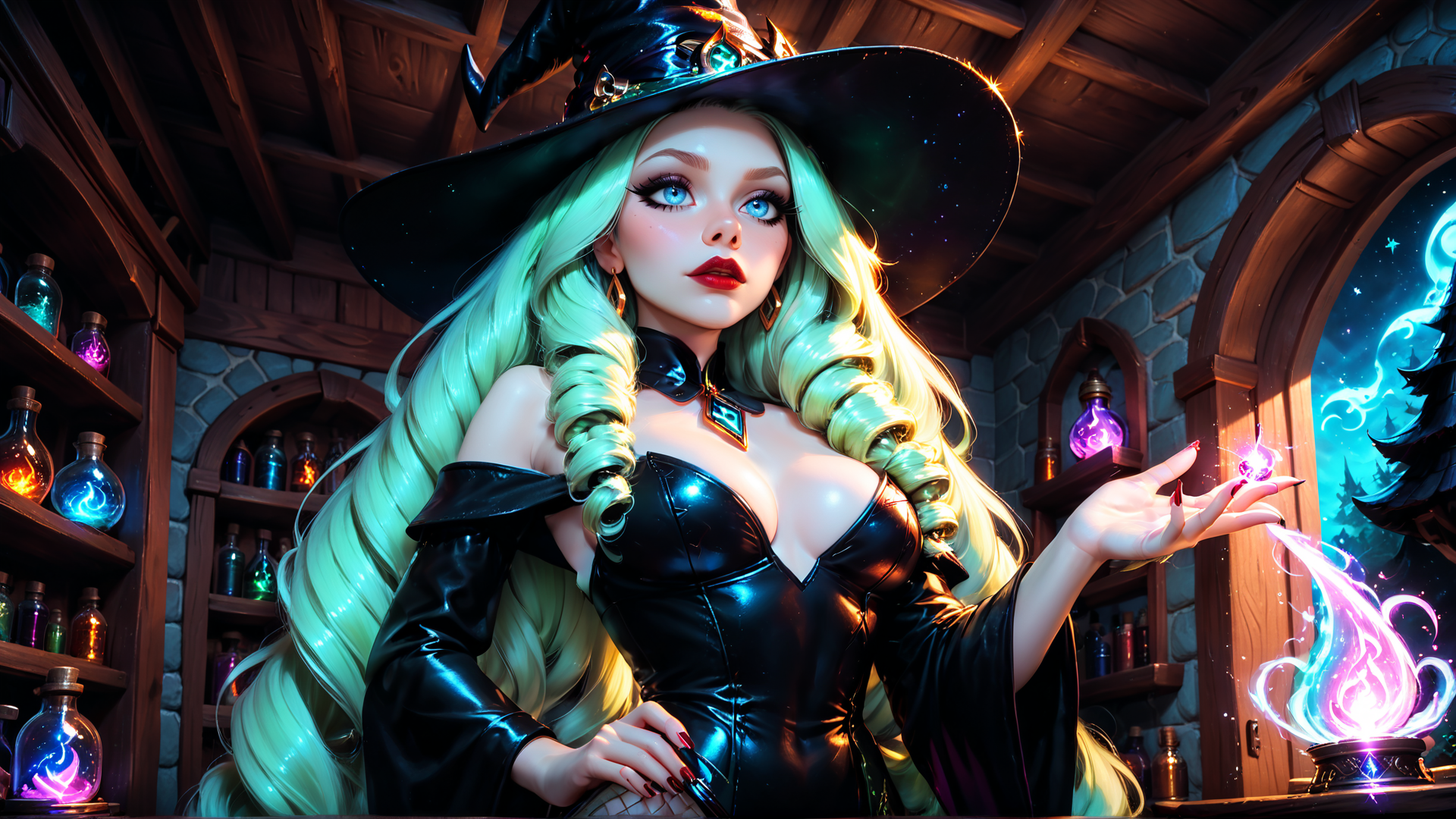AI generated wallpaper featuring witch, witch hat, bottles, magic, spell, hair, dress, fire, moon, trees