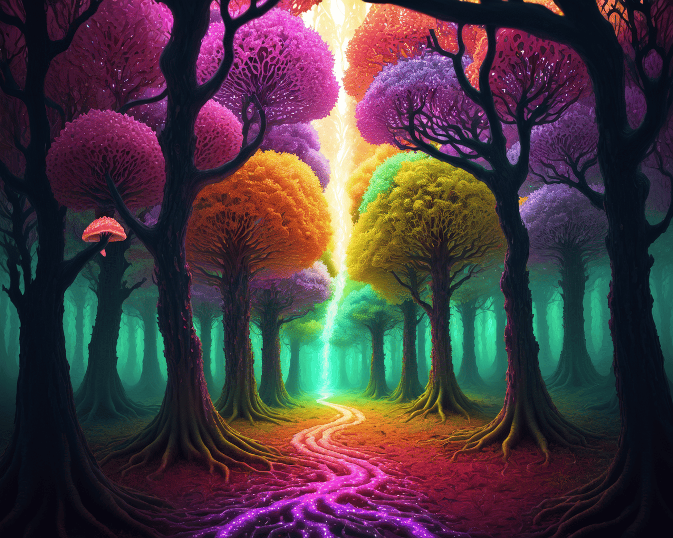 AI generated wallpaper featuring trees, forest, path