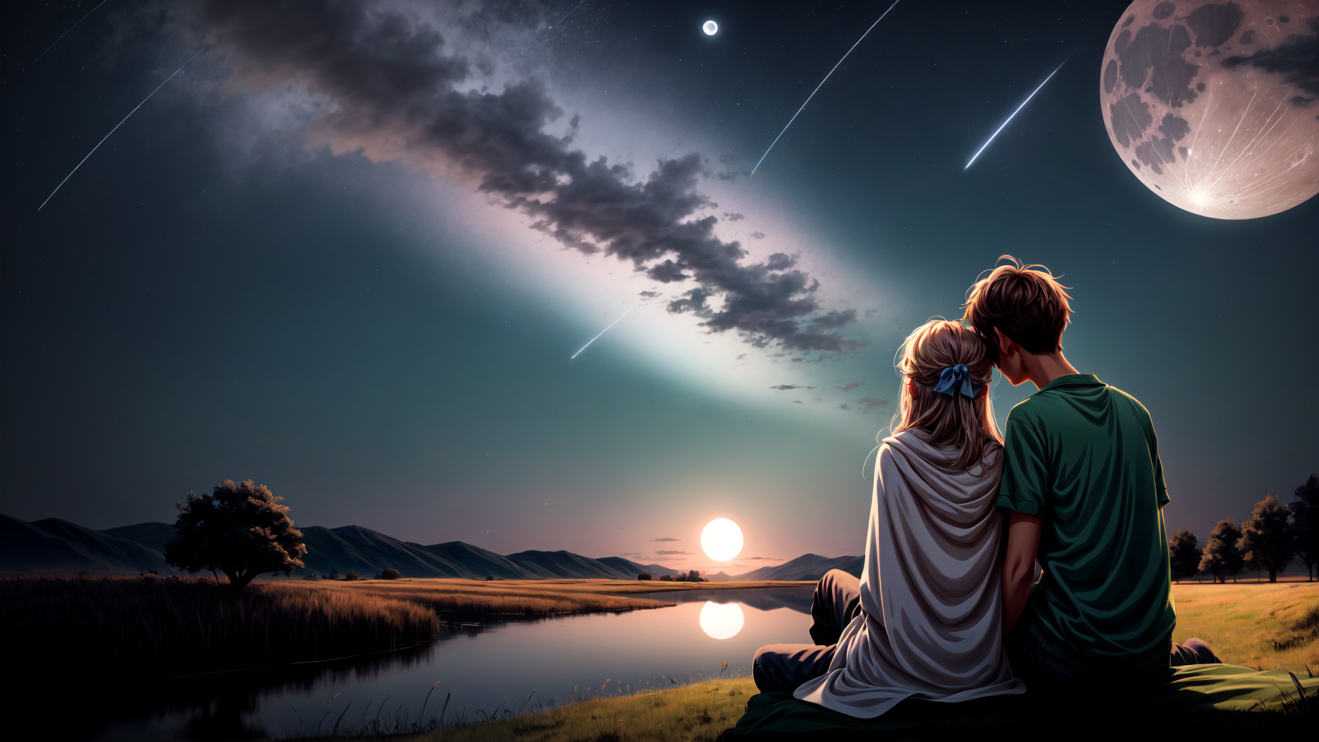 AI generated wallpaper featuring couple, moon, stars, lake, mountains, trees