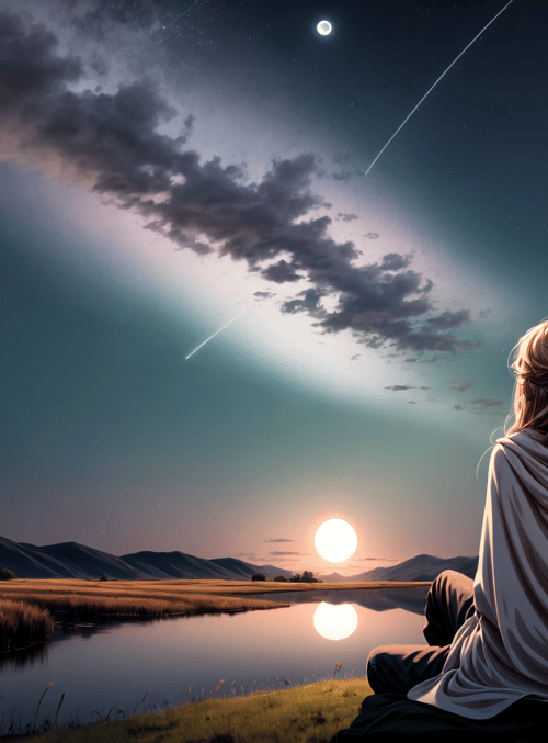 couple, moon, stars, lake, mountains, trees