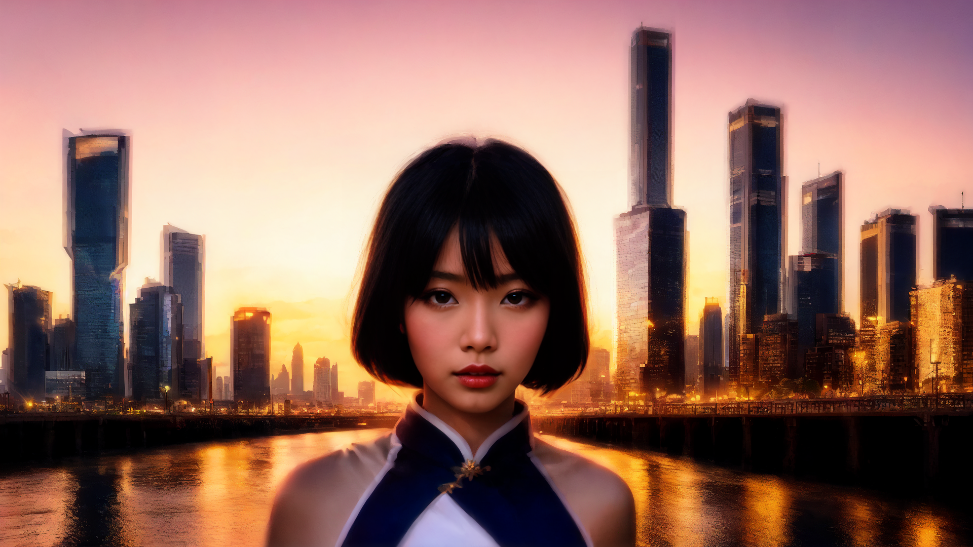 AI generated wallpaper featuring woman, cityscape, river