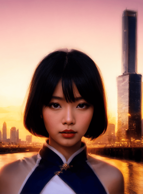 woman, cityscape, river