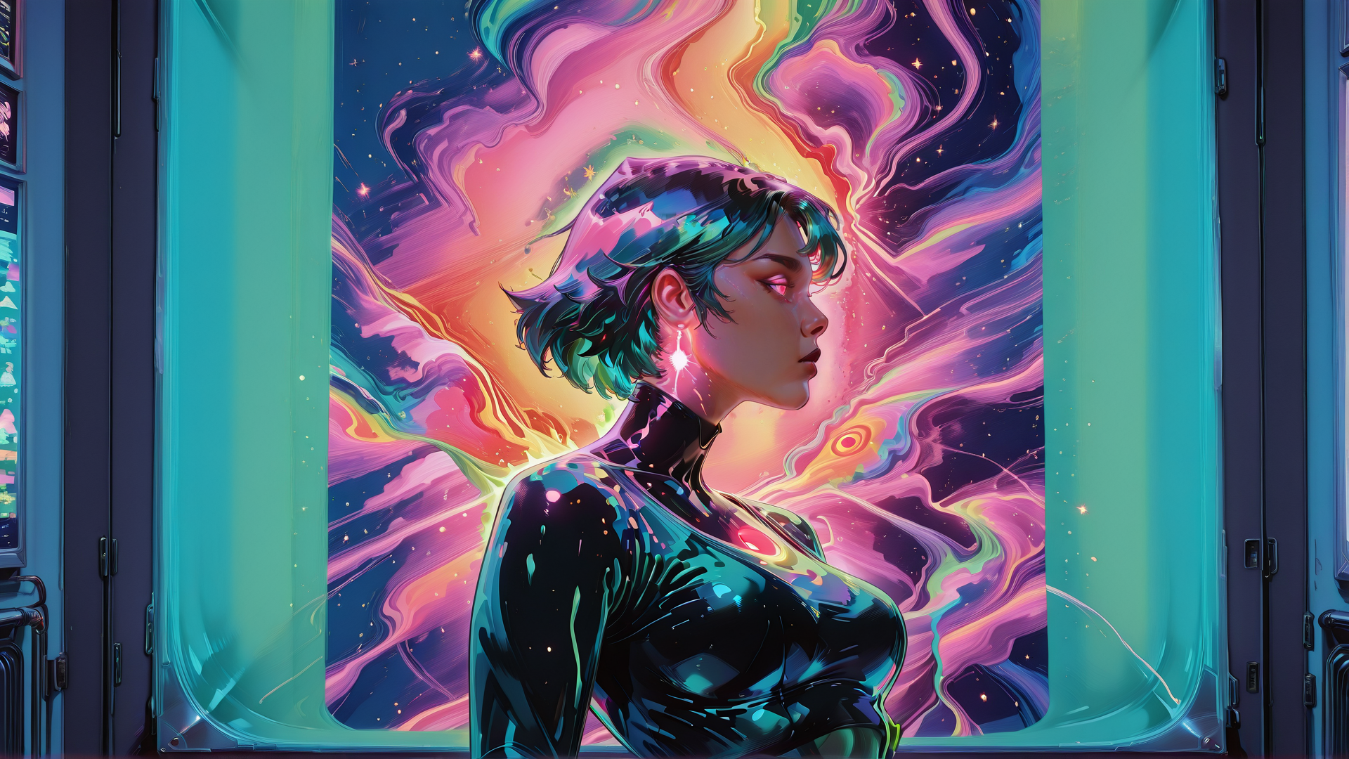 AI generated wallpaper featuring woman, neon, galaxy, window, earring, hair, futuristic