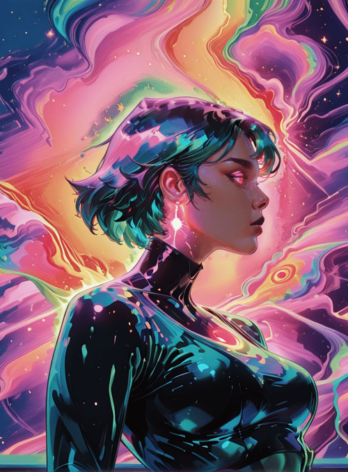 woman, neon, galaxy, window, earring, hair, futuristic