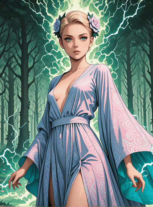 woman, forest, lightning, dress, flowers