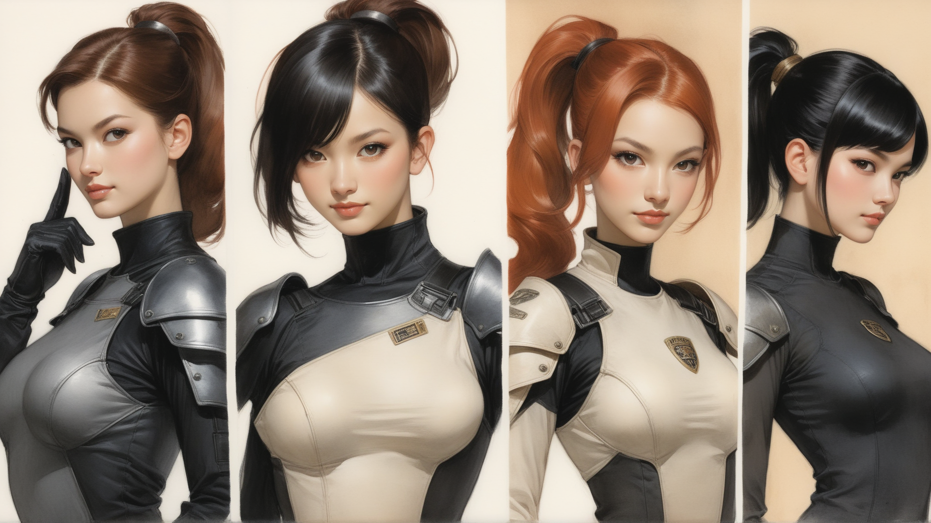AI generated wallpaper featuring woman, pilot, gloves, ponytail, uniform