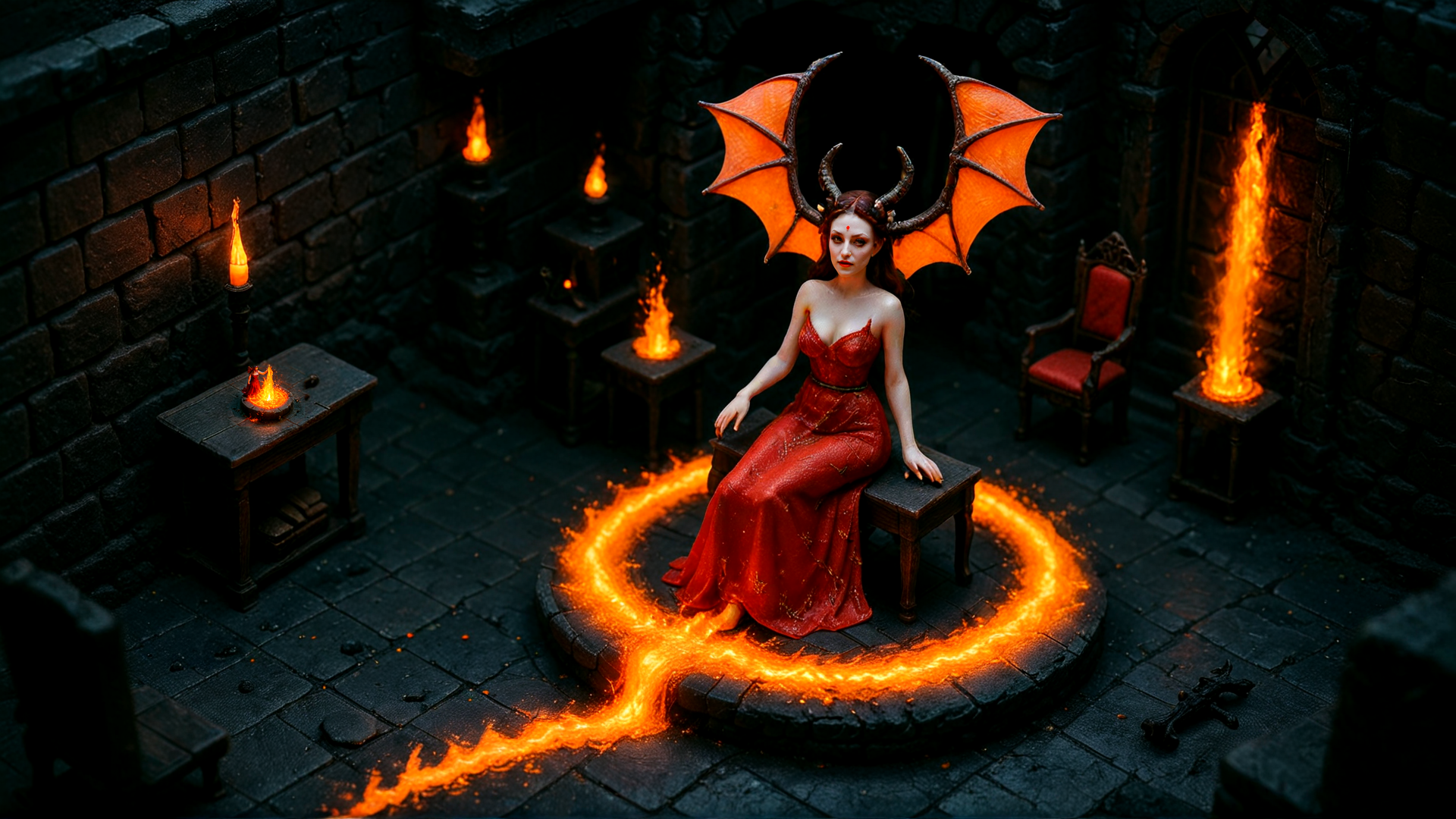 AI generated wallpaper featuring devil, woman, dragon, wing, horn, dress, fire, stone, chair, candle