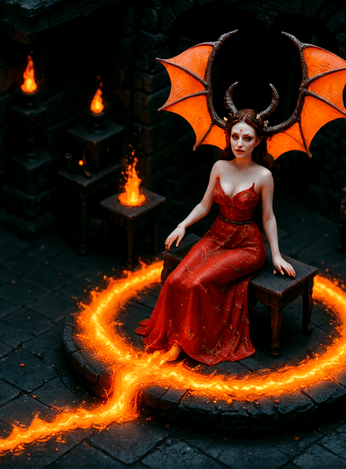 devil, woman, dragon, wing, horn, dress, fire, stone, chair, candle