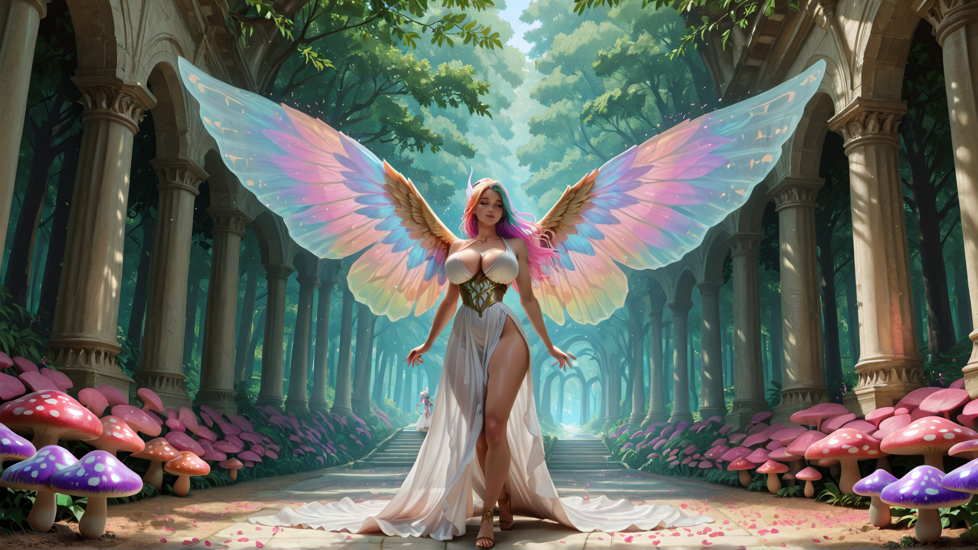 AI generated wallpaper featuring fairy, wing, mushroom, column, forest, dress, angel, tree, path, goddess