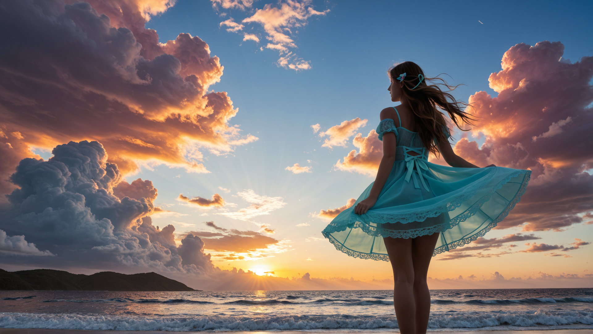 AI generated wallpaper featuring girl, dress, sunset