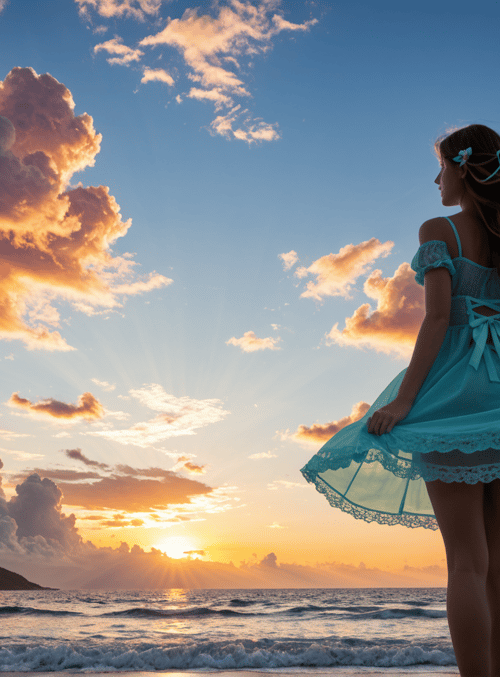 girl, dress, sunset