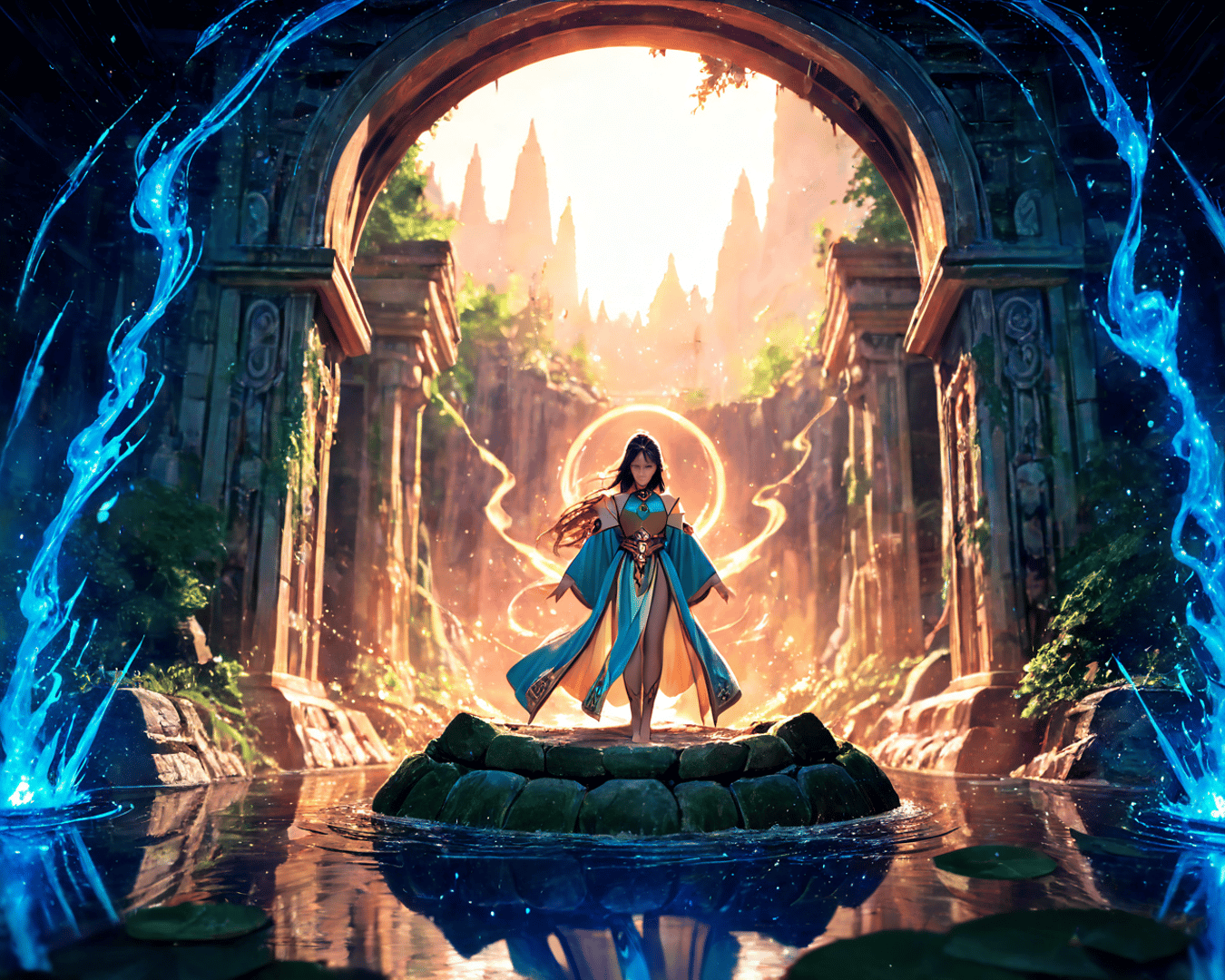 AI generated wallpaper featuring woman, archway, castle