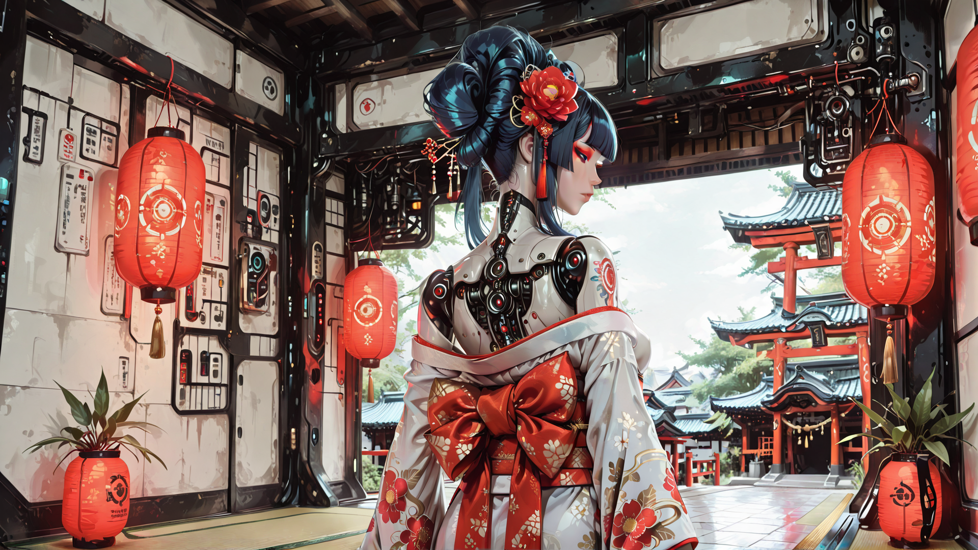 AI generated wallpaper featuring robot, woman, kimono, lantern, traditional, architecture, flower, mechanical, sleeve, koi