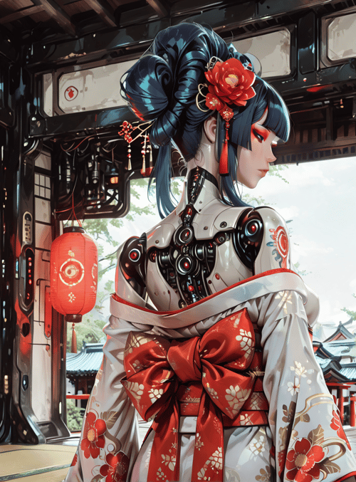 robot, woman, kimono, lantern, traditional, architecture, flower, mechanical, sleeve, koi