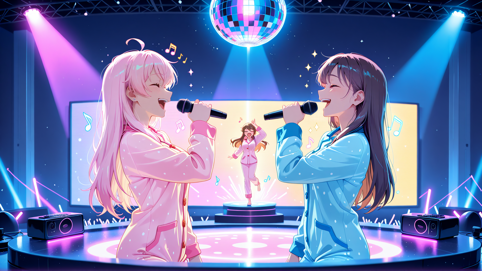 AI generated wallpaper featuring girls, microphones, stage