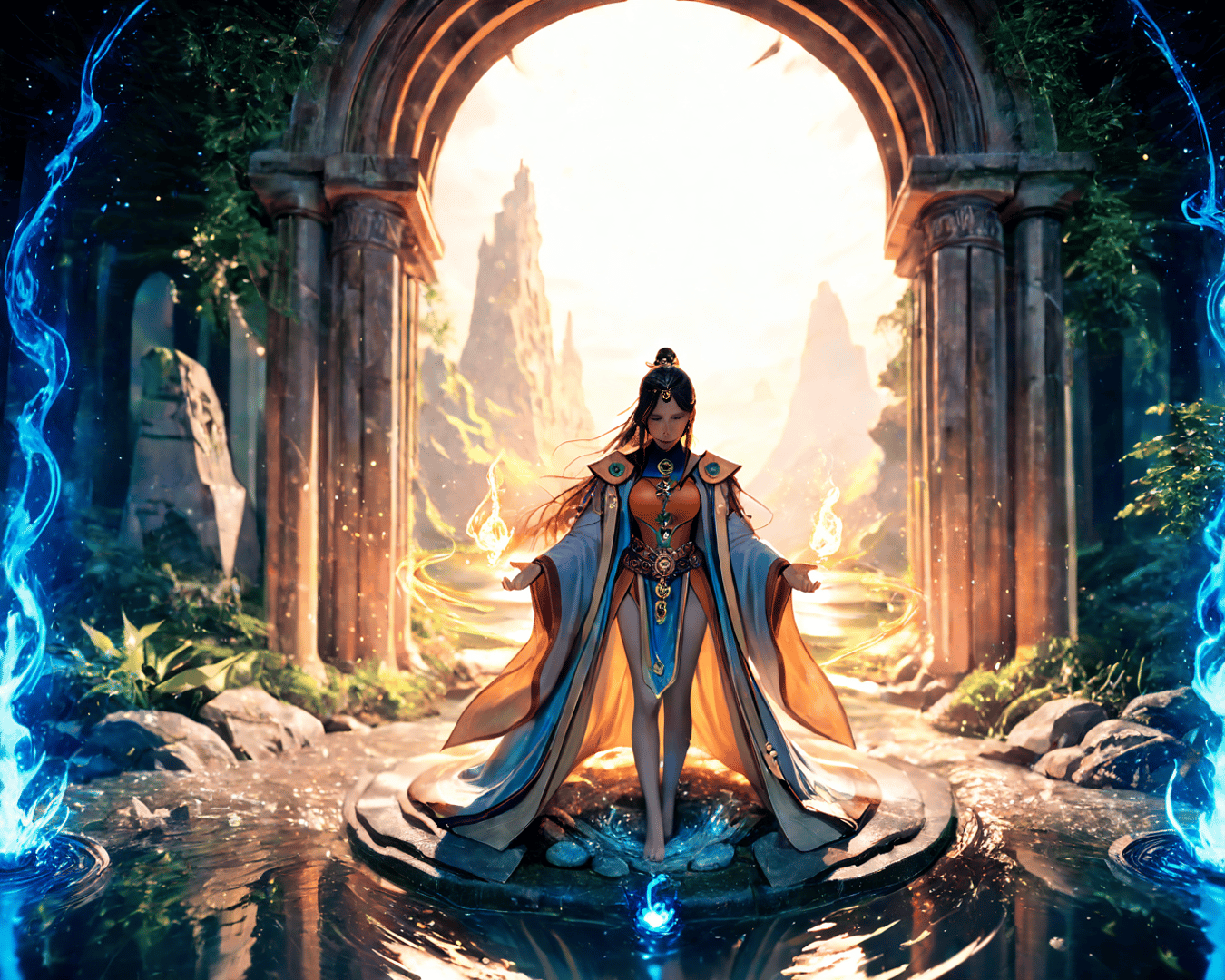 AI generated wallpaper featuring woman, arch, nature