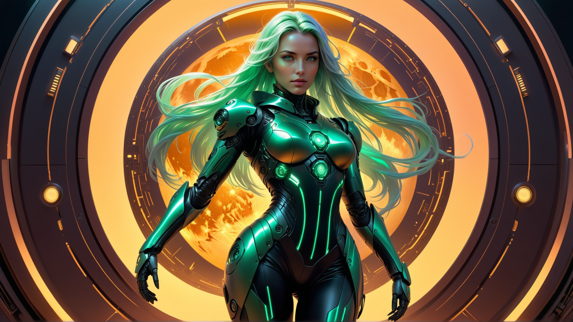 AI generated wallpaper featuring cyborg, woman, spacesuit, helix, gloves, armor, long hair, goggles