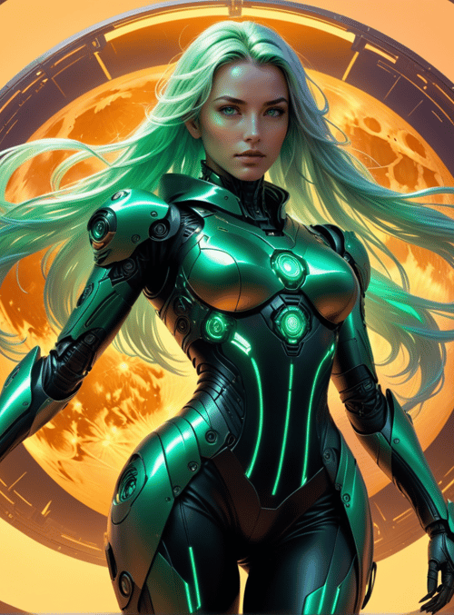 cyborg, woman, spacesuit, helix, gloves, armor, long hair, goggles