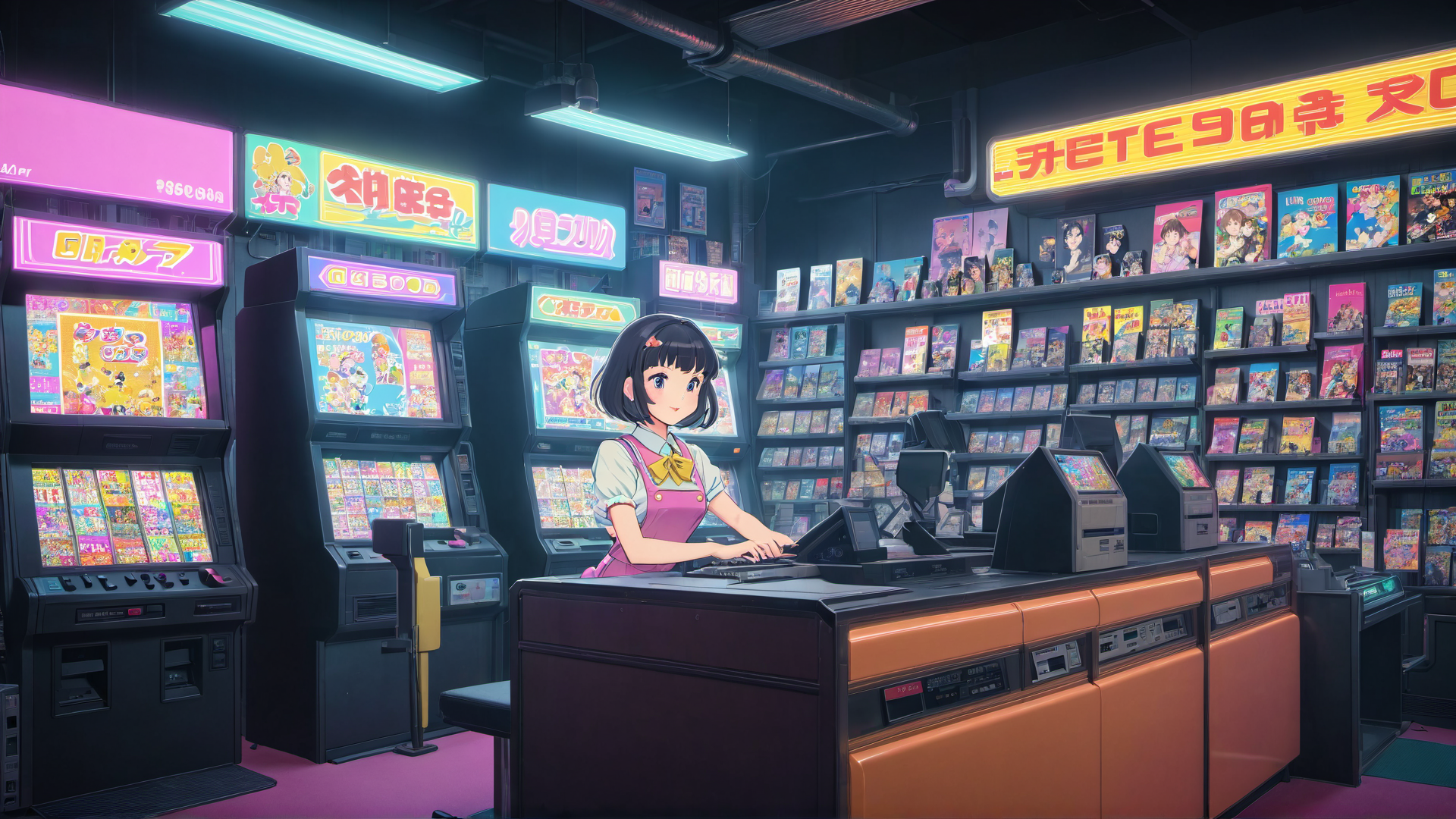 AI generated wallpaper featuring anime girl, arcade, magazine rack